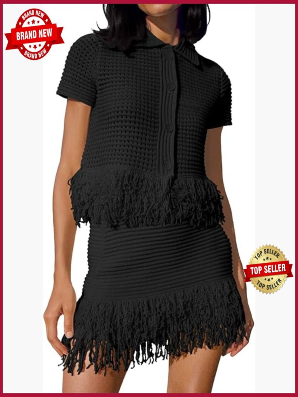 Crochet Knit Fringe Skirt Set 2 Piece Vacation Outfit